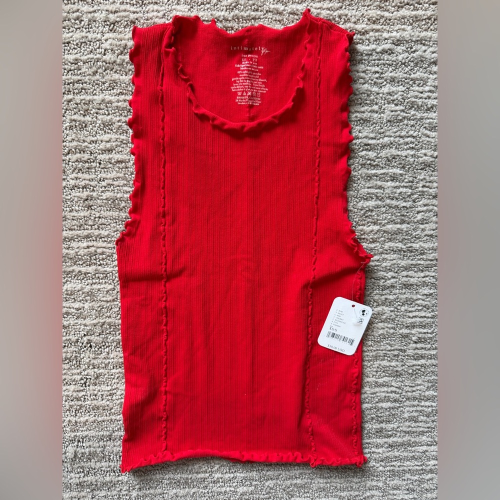 Women’s Red Ribbed Tank Top with Lettuce-Edge Trim